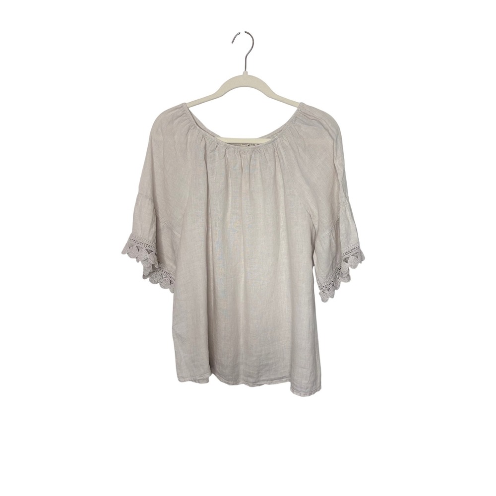Terzo Millennio Blouse 100% Linen Crochet Lace Trim Boho Made in Italy L - Picture 6 of 9
